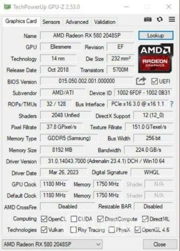 Tarjeta de video AMD Radeon RX 580 ,GDDR5 8 GB