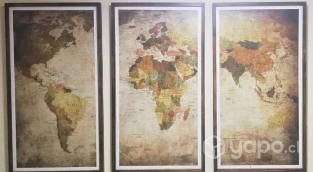 Cuadro Triple. Mapa Mundial. Marco Madera. Premium