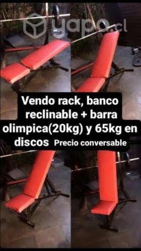 Rack, banco barra olímpica y 75 kg en discos