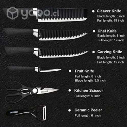 6 cuchillos color Negro cocina, pelador y tijeras