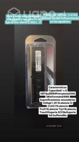 Memoria RAM 8GB ddr4 Dimm G.skill 2666 Ghz