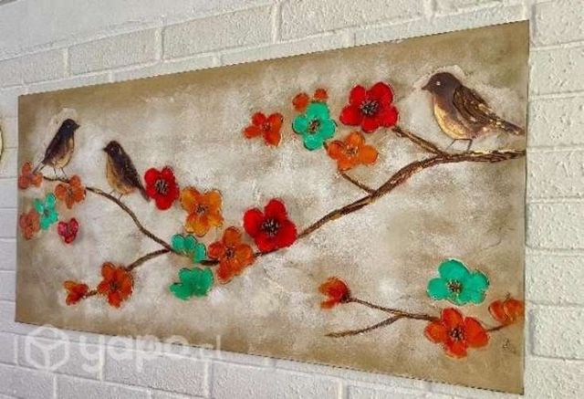 Pintura al óleo tamaño grande 120x60 pajaros y flo
