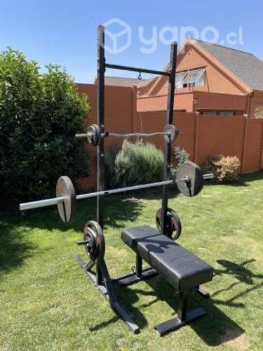 Set de mini gym, barra olimpica, rack, banca, etc