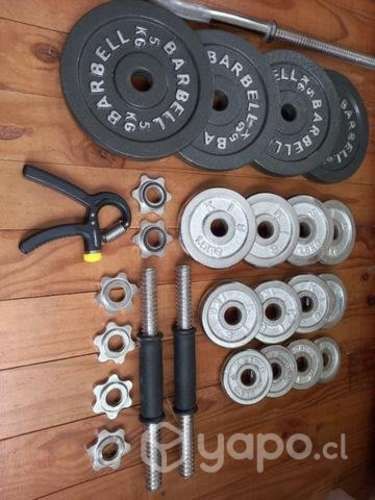 Set de pesas, mancuernas, discos y más.
