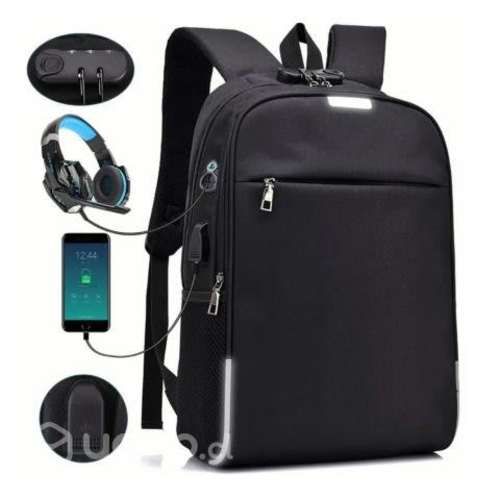 Mochila Notebook Impermeable Con USB Negro 46x30x1