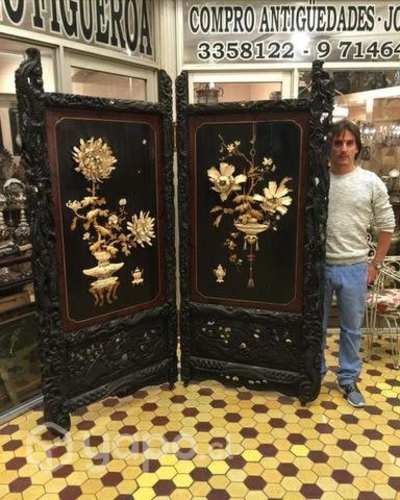 Antiguo Biombo Chino siglo XIX tallados Marf Nácar