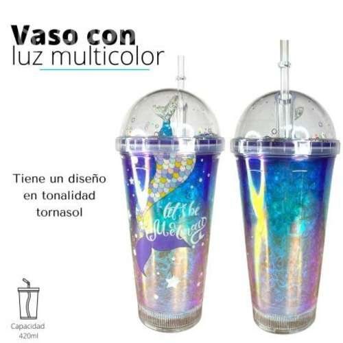 Vaso Tornasol Con Luz Multicolor Cola De Sirena