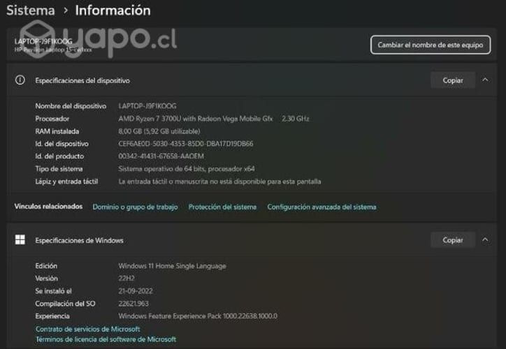 Notebook HP Pavilion Rayzen 7 8GB de RAM