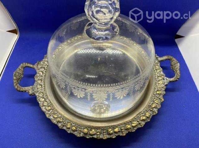 Antigua tortera quesera plaque y cristal Muselina