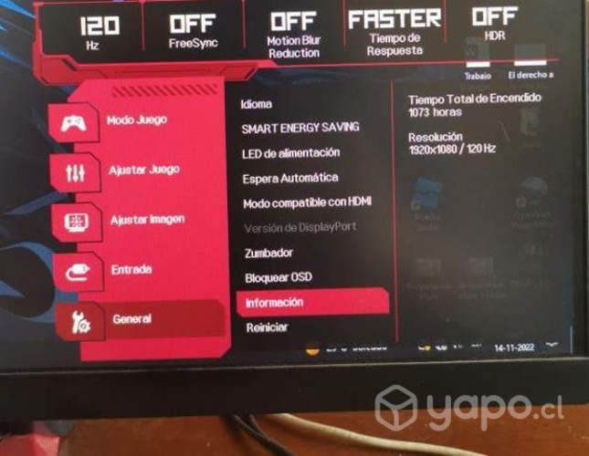 Monitor gamer 120hz, tasa de refresco de (1ms)