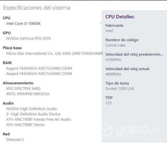 Pc gamer rtx 3070 + I5 10600k