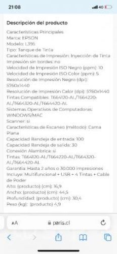 Impresora EPSON L395 (Tanque de tinta)