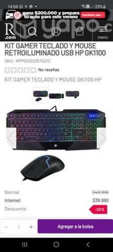 Kit gamer teclado y mouse retroiluminado usb hp gk