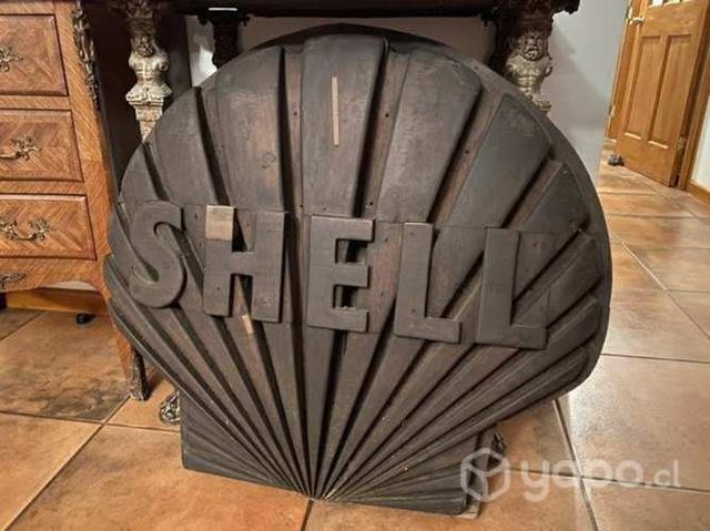 Antiguo letrero SHELL tallado a mano en madera