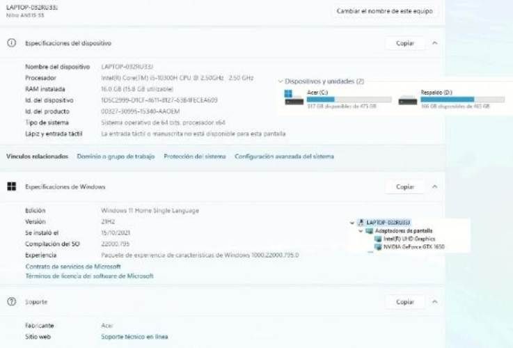 Acer nitro 5 - core i5 1tb m2 16gb v. 1650 144hz