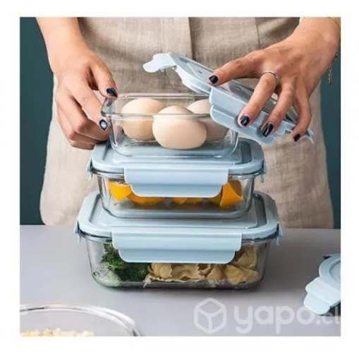 Set 3 Herméticos de Vidrio Tapa Celeste y Verde