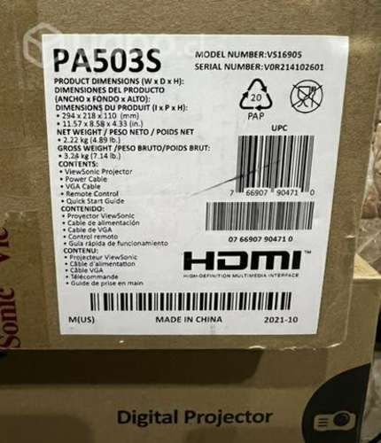 Proyector ViewSonic PA503S 3600 Lumene HDMI