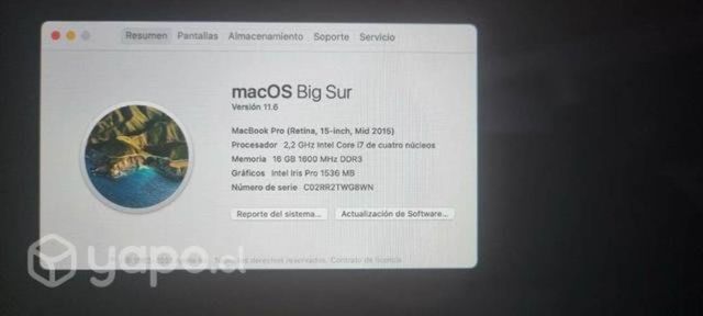 Macbook pro retina 2.2ghz 15&quot; 2015 16ram,4 núcleos