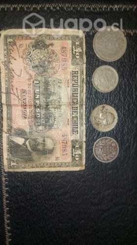 Billete un peso 1919 y monedas 1922