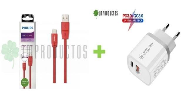 Cable Usb A TypeC Phiips+Cargador Pared Type C-USB