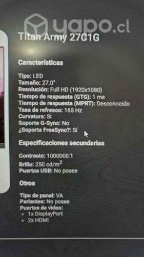 Monitor 27" Marca Titan Army 165hz