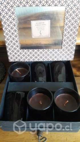 Caja de 6 velas de canela en vasos vidrio ambar