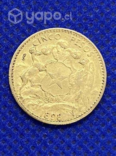 Moneda Oro Antigua Chile 5 Cinco Pesos 1898 21 kil