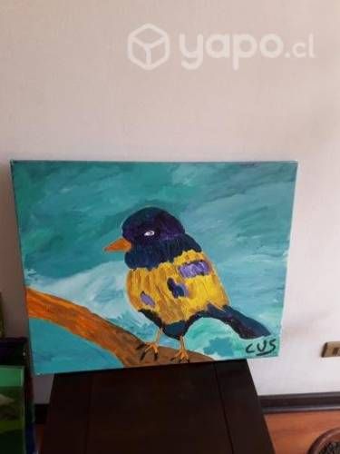 Pintura pájaro azul y amarillo
