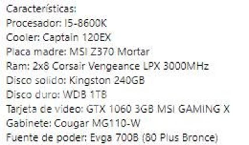 Computador gamer i5-8600k gtx 1060 3gb