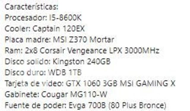 Computador gamer i5-8600k gtx 1060 3gb