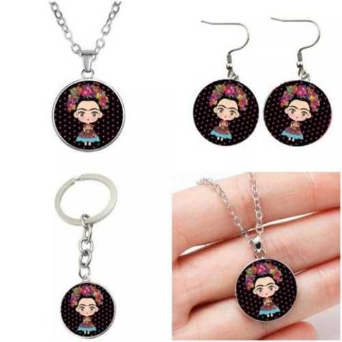 Conjunto Frida Kahlo Collar +Aros + llavero