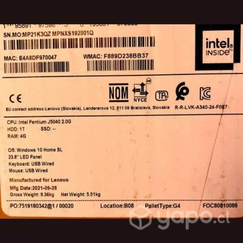 All in one lenovo ideacentre a340 23,8 fhd