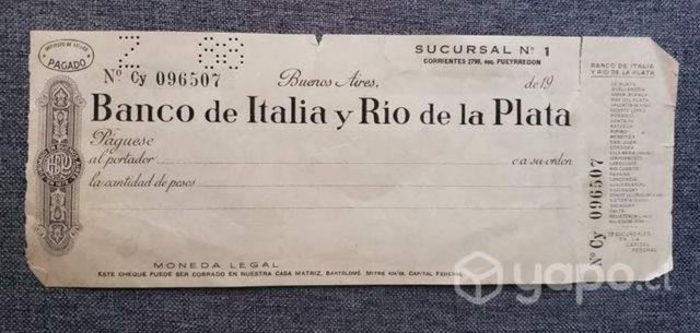 Cheque Banco de Italia y El Rio de la Plata 1920