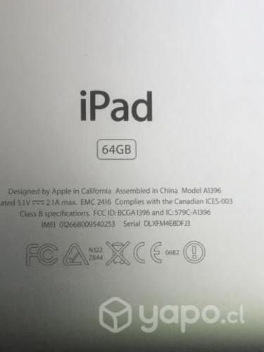 Ipad modelo 1396 64 Gigas
