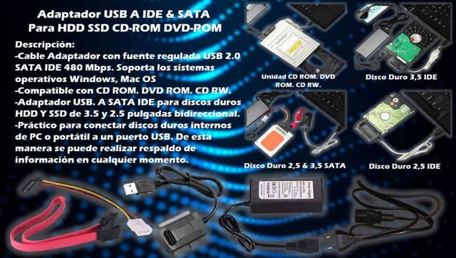Adaptador USB A IDE & SATA Para HDD SSD CD-ROM DVD