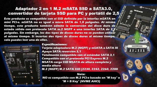 Adaptador 2 en 1 M.2 mSATA SSD a SATA3.0