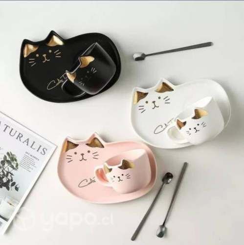 Taza plato y cuchara gatito set kawai cat niños