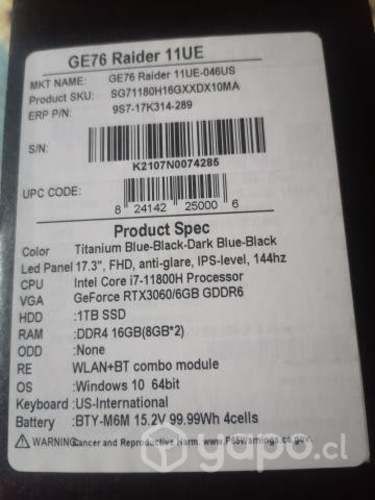 Notebook Gamer MSI i7 11va y RTX 3060