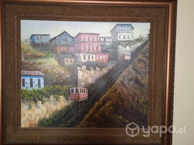 Hermoso óleo cerro artillería marco madera y felpa