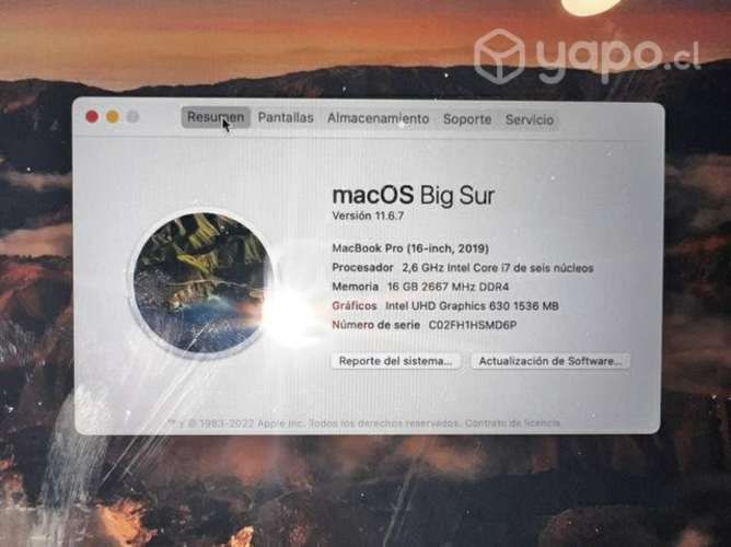 Macbook Pro 16 pulgadas procesador i7 113 ciclos