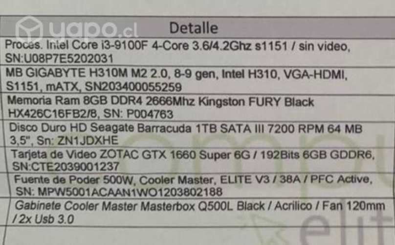 Pc Gamer Intel I3 9100f+8gb Fury+1TB+Gtx1660 super