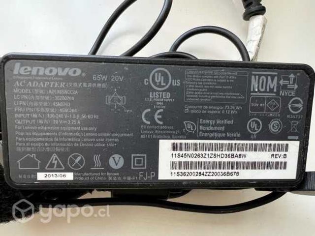 CARGADOR LENOVO Punta Cuadrada 20V 3.25A 65W