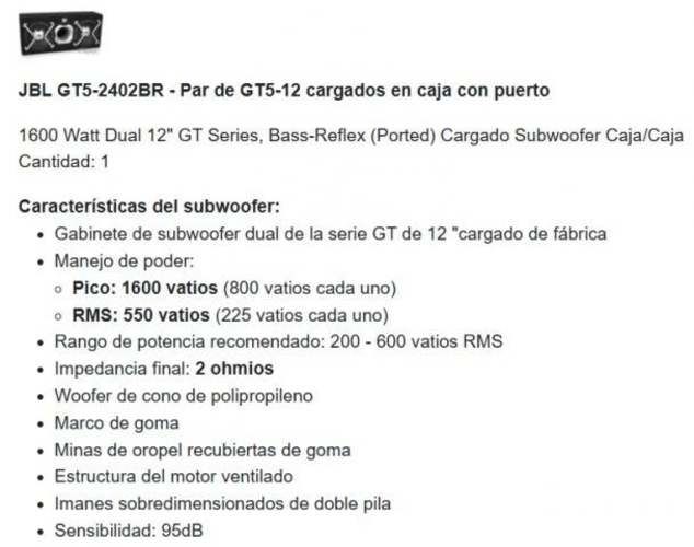 Subwoofer JBL 12" - 1600W PERMUTABLE