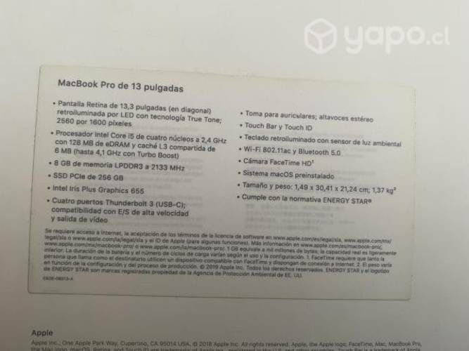 Macbook Pro 13' 2019 TouchBar core i5 8G y 256GB