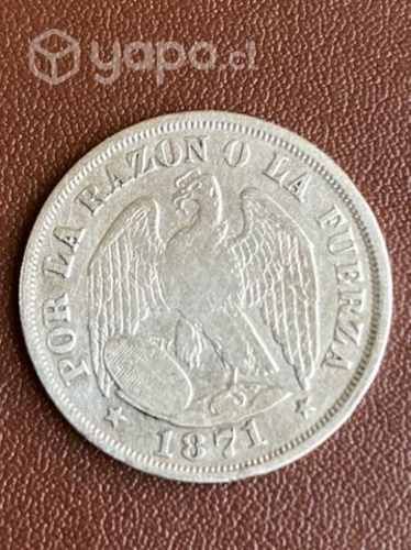 Antigua moneda Chile 1871 Plata 20 centavos