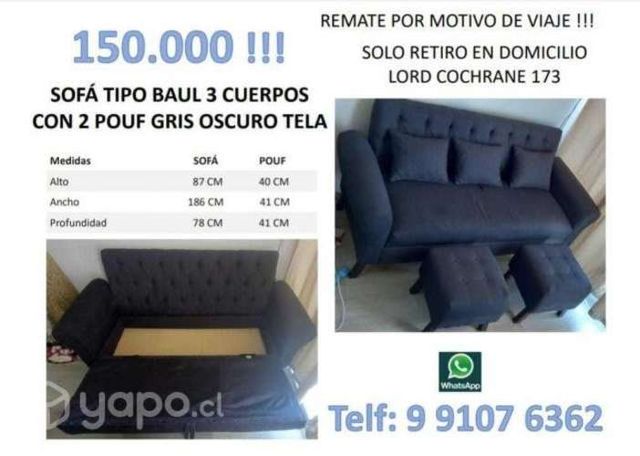 Sofá tipo baul 3 cuerpos con 2 pouf gris oscuro te