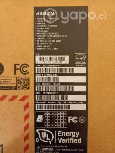 Notebook Asus Celeron 1.1GH/4GB Ram/ modelo W202NA