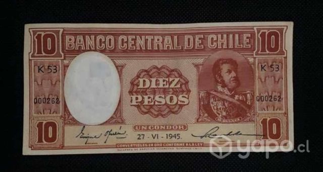 Billete Chile 10 pesos fechado 27-VI-1945