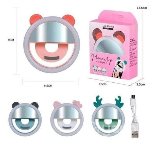 Aro de luz led para celular con espejo y orejitas