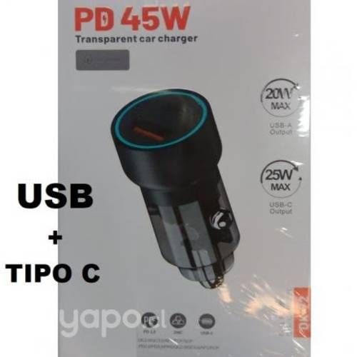CARGADOR PARA AUTO USB - TIPO C - incluye Salida T